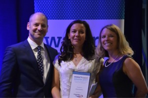 (L-R) Nelson Switzer, Nestlé Water North America (presenter); Caroline Dubois, The Gordon Foundation (accepting on Katrina's behalf); Katherine Balpataky, Water Canada.